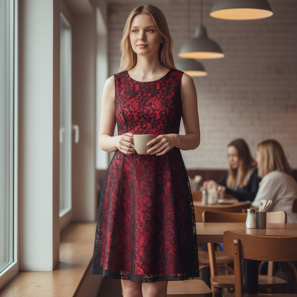 Connected Apparel Lace Dress Womens‎ 12 Red Black Whimsy Goth Career